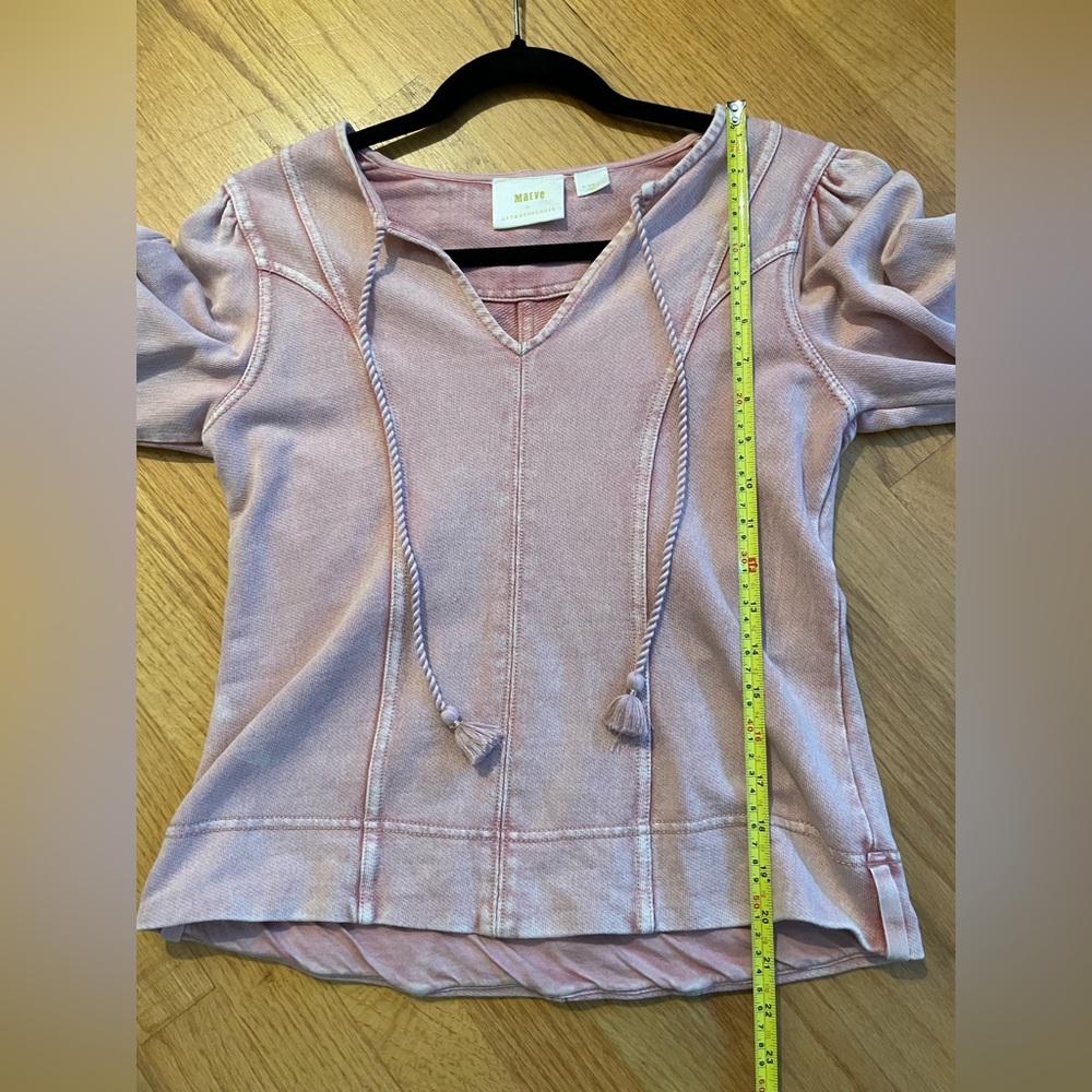Anthropologie Maeve Long Sleeve Sweater Shirt Puff Shoulder Pink Sz XS Tie Neck - Picture 5 of 9